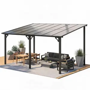 Heavy Duty Wall Mounted Gazebo, Lean to Pergola Hard Top with Gutters for Outdoor Patio Deck Porch Backyard, Awning Shelter 10*14FT