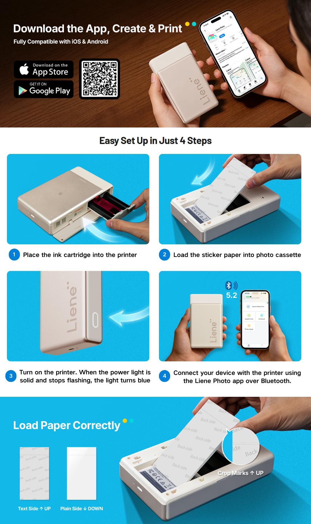 Liene Pearl N200 Pro Portable Photo Printer, Instant Mini Picture Printer for iPhone Smartphone, Thermal Dye Sublimation, Bluetooth Sticker Printer 50 Sheets 2x3 Adhesive Paper & 5 Cartridges, New Drops, Spring Glow Up