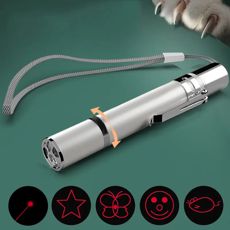 USB Rechargeable Laser Pointer Cat Toy - Stainless Steel Interactive Tease Stick, 5 Switchable Lights, Red Dot LED, Built-In Blue Light Counterfeit Detector, Emergency Flashlight Function, 11.3 x 1.7 cm, Long-Range Projection for Indoor Active Play, Indoo