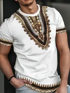 Stylish Retro Printed White T-Shirt. A casual retro men's crew neck short-sleeved Fitted T-shirt featuring a geometric graphic print design and comfortable wear. Streetwear