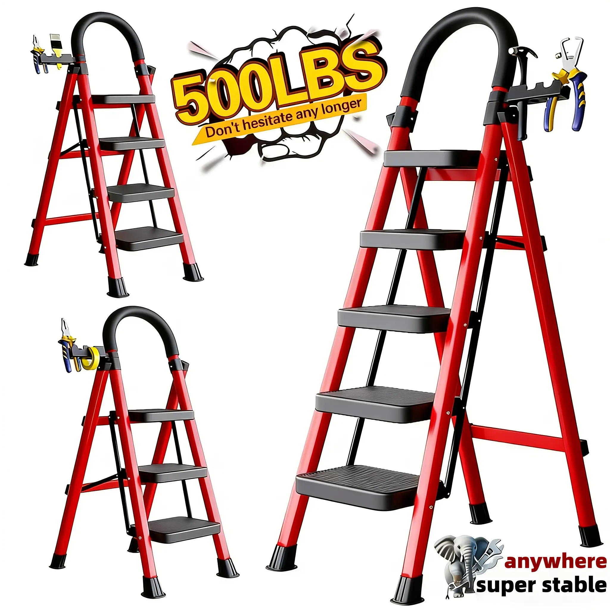 500lbs Load-bearing Folding Ladder | Heavy-duty Steel Step Stool with Anti-slip Wide Treads, Handrails, Safety Lock Design, Black and Red Color Scheme, Portable Multi-functional Ladder for Home and Kitchen Use-XPHYN
