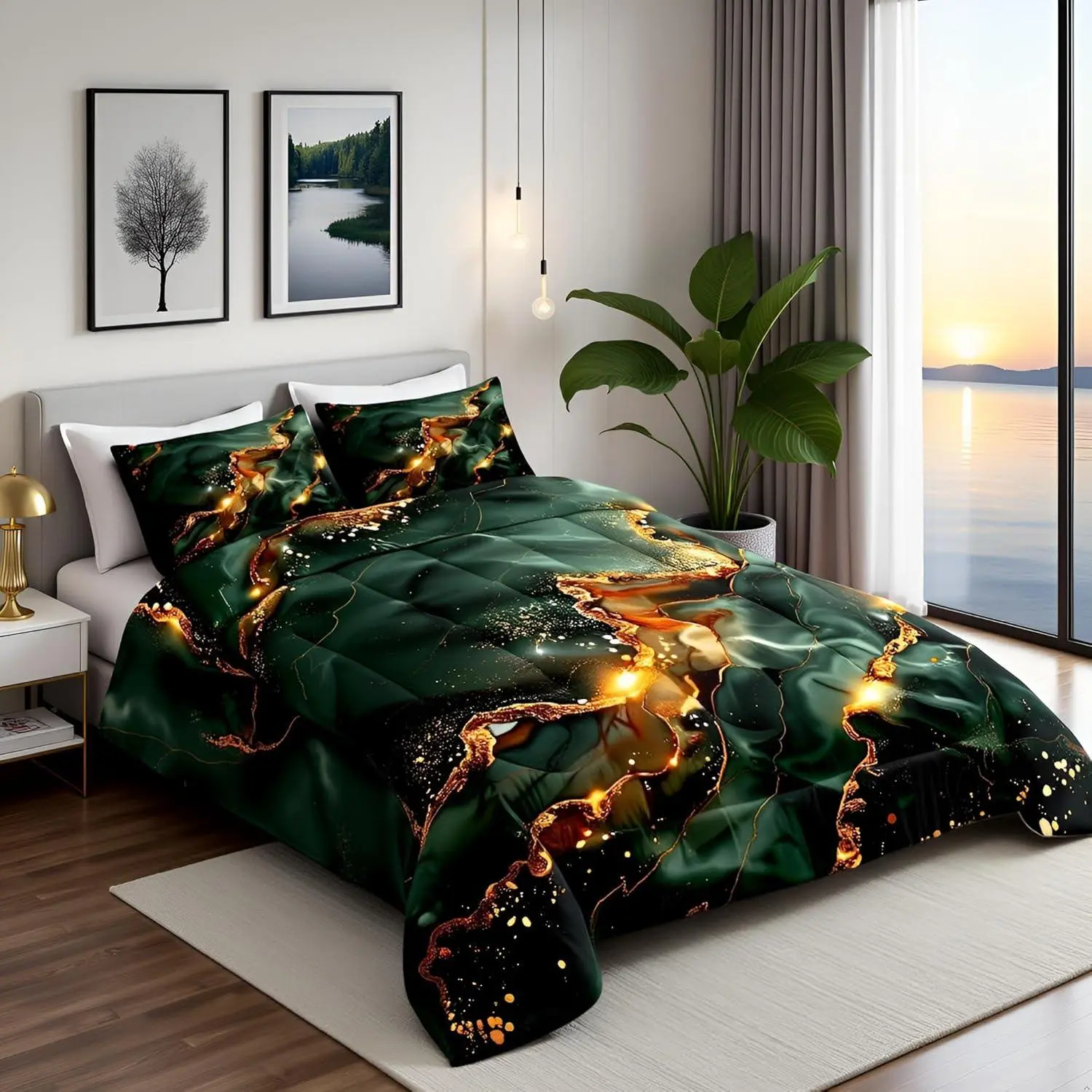 Abstract Marble Comforter Set,Luxury Stone Texture Modern Artwork Bedding Set,Boys Girls Adults Room Decor,Golden Sequins Dreamy Down Comforter,Green Unique Duvet Insert