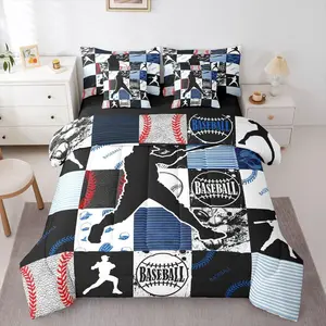 Boys Baseball 7 Piece Bedding Set,3D Softball Sport Comforter Set with Sheets Geometric Grid Patchwork Bed in a Bag Blue Black Bed Set,Comforter