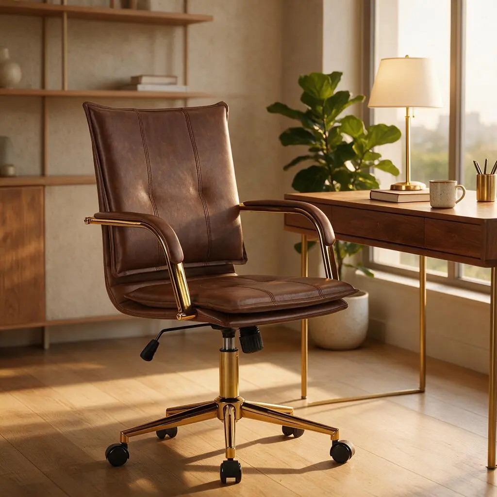 MOJAY Mid-Back Ergonomic Leather Office Chair, Padded Seat Backrest, Modern Upholstered Executive Desk Chair with Gold Frame Armrest Computer Task Chair