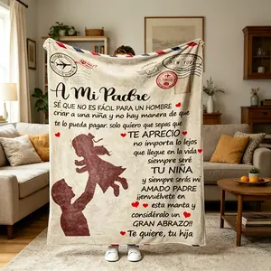 Spanish style "For Father" Flannel Blanket - Retro nostalgic design, father and daughter silhouettes and warm blessings, soft and warm for all seasons, portable decorative gift, retro patchwork pattern, nostalgic blanket