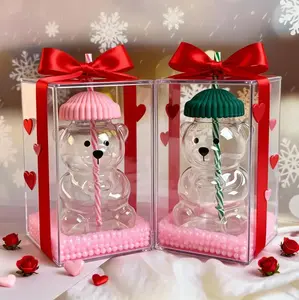 Viral Bearista cold Cup for 2025Holiday Collection,Nostalgia Cute Bear GlassCup With Striped Straw, 2025 Cute CoffeeMugs, Glass Bears Cups, Coffee Beers WineCocktail Drinks Glassware, Teddy Bears CupWith Green Beanie-Style Lid!