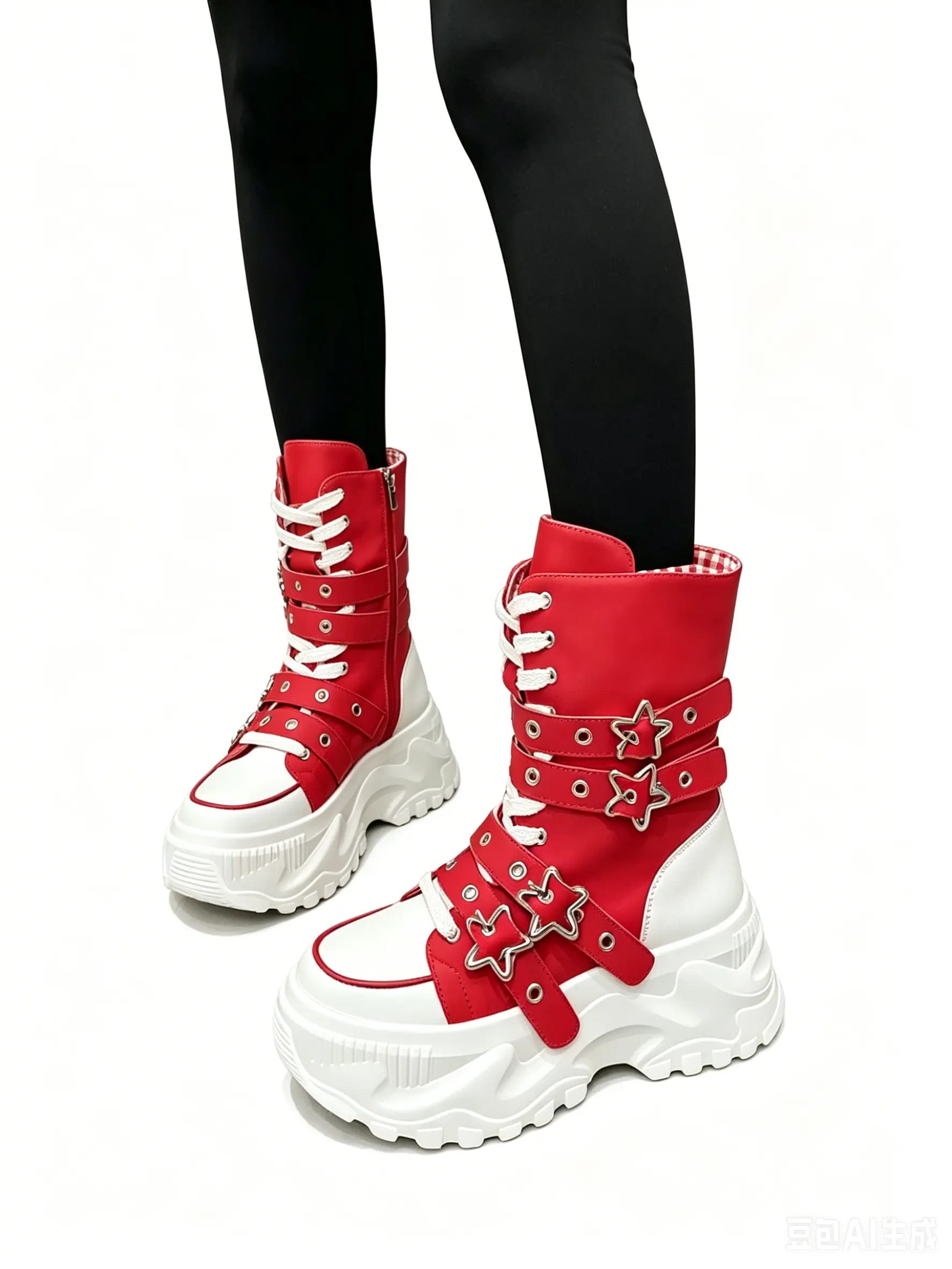 Women's Leather Chunky Platform Ankle Boots, Lace-Up Combat Style Footwear with Buckle Detail and Waterproof EVA Sole for Casual Walking, Walking Shoes, Casual Wear, Round Toe, Leather Upper