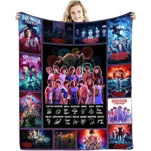 Stranger Things Cast Collage Flannel Blanket, Upside Down Demogorgon Throw, Soft Cozy Fleece Blanket, Hawkins Characters & Signatures Design, Warm Throw for Couch Bed, Gift for Stranger Things Fans
