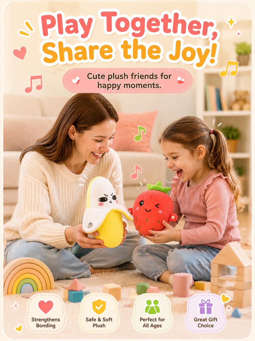 Soft Plush Interactive Musical Fruit Shapes Stuffed Toy (Banana/Strawberry) for Ages 3+, Tactile Play, Touch Sensors, 15 Built-In Songs, 2-Player Mode Parent-Child Interaction, Free Rechargeable AA Starter Kit (Batteries+Mini Screwdriver), 22x9.5x20cm, Tw