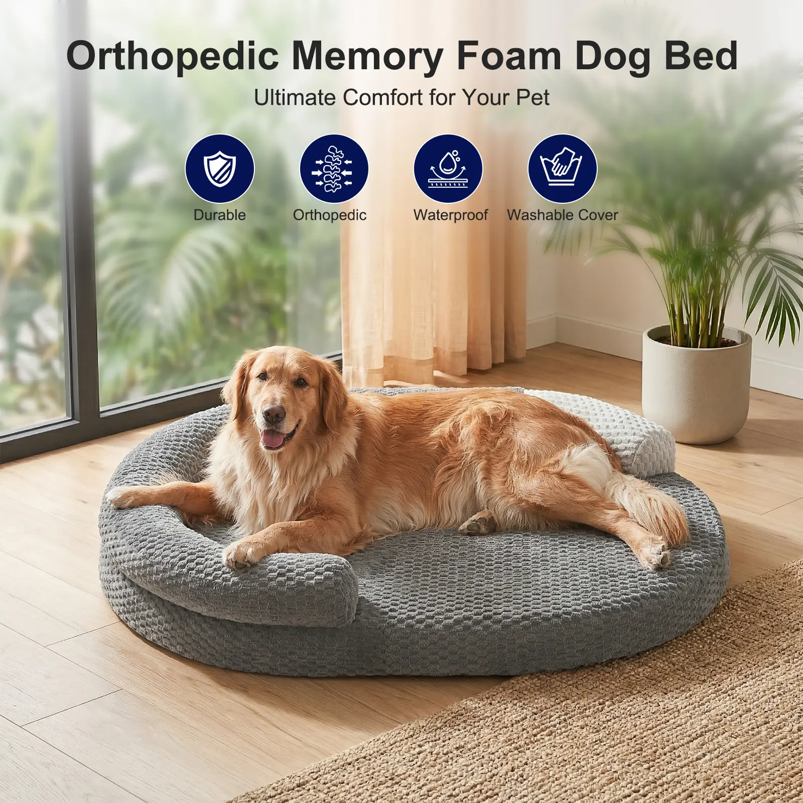 Contemporary Orthopedic Egg Crate Memory Foam Dog Bed - 48"x35"x7.5" Large, Joint Support, Pressure Relief, Removable Cover, Bolster, Non-Slip Bottom, Waterproof Pet Bedding for Dogs & Cats, Remove Cover