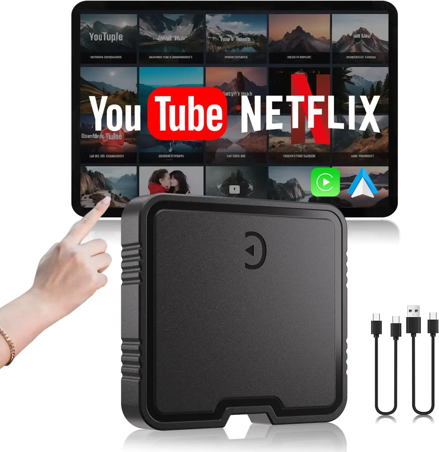 Wireless CarPlay & Android Auto Adapter for iPhone, Easy-Setup AI Dongle with Netflix, YouTube & TF Card Support, Wired-to-Wireless CarPlay Video Converter Box