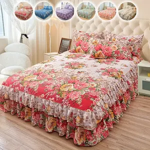 Floral Print Ruffled Edge Bed Skirt Set, 3 Counts/set Including 1 Bed Skirt & 2 Pillowcases without Filler, Comfy Decorative Bedding Set for Home Bedroom, All Seasons, Bedroom Decor, Christmas Gift