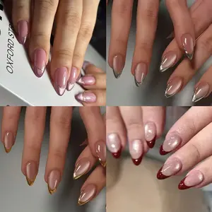 96pcs Nude Gradient French Nail Tips, Long Almond Shape, Gold Line & Silver Color Edges, Sweet and Cool Style