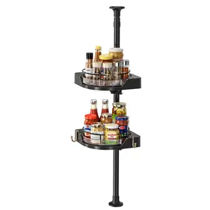 Black Plastic Two-layer Rotatable Adjustable Height Corner Storage Rack with Hook for Kitchen Bathroom