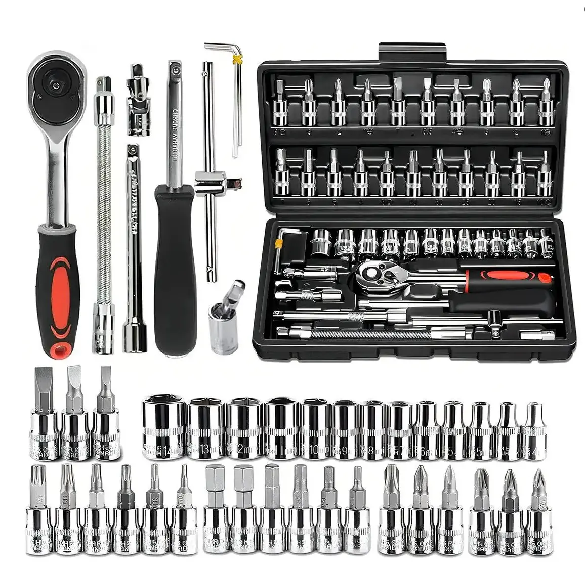 46-Piece Inch Drive Socket Wrench Tool Kit Set, Ratchet Wrench, Adapter, Universal Joint - Car Stuff, Work Tools for Automotive Mechanic Use, Father’s Day Gift