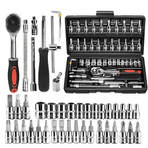 46-Piece 1/4 in Drive High-Quality Metal Socket Ratchet Wrench Tool Kit Set - Mechanic Hand Tools for Car, Bicycle, Motorcycle Repairs, Metric Sizes, Socket Bits, Adapter, Universal Joint