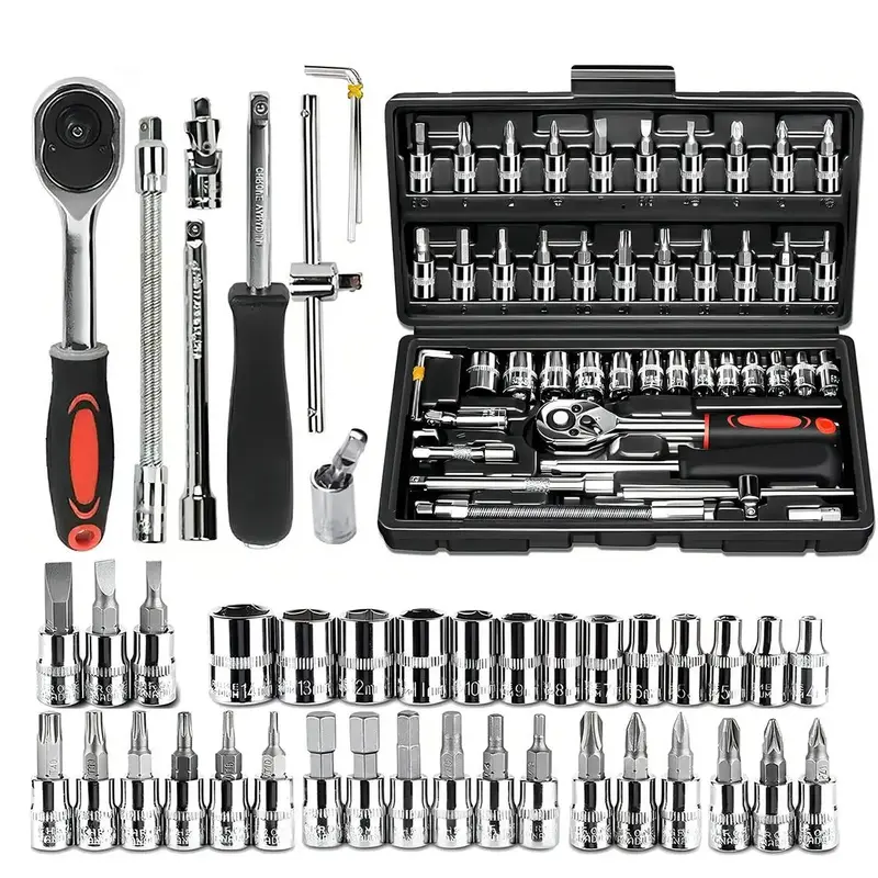 46-Piece 1/4 in Drive High-Quality Metal Socket Ratchet Wrench Tool Kit Set - Mechanic Hand Tools for Car, Bicycle, Motorcycle Repairs, Metric Sizes, Socket Bits, Adapter, Universal Joint