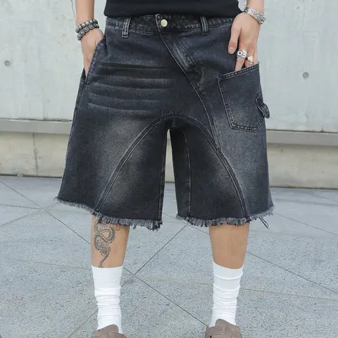 Men's Summer Denim Shorts, Loose Fit Vintage American Style, Trendy Irregular Asymmetrical Pockets, New Fashion Five-Quarter Pants