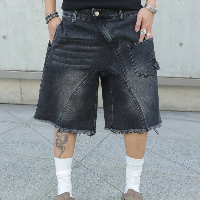 Men's Summer Denim Shorts, Loose Fit Vintage American Style, Trendy Irregular Asymmetrical Pockets, New Fashion Five-Quarter Pants