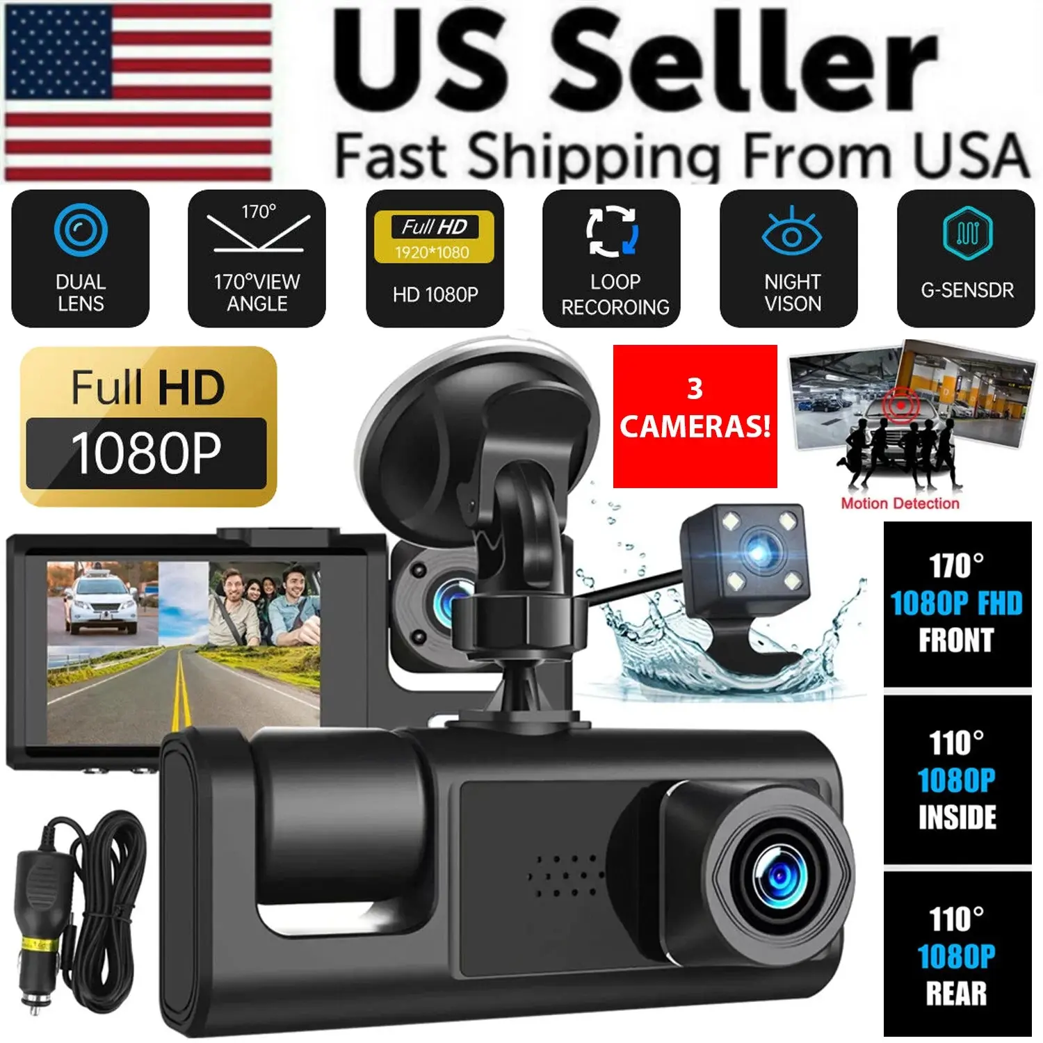 Car Dual Lens Dash Cam - HD 1080P Front, Rear, Inside Video Recorder with G-Sensor