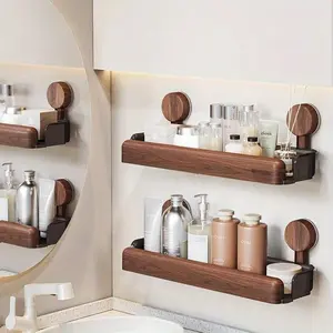 Elegant Bathroom Essential Walnut Wood Grain Shelf, Waterproof Wall-Mounted Storage Rack, No Drill Design for Stylish Spaces, Bathroom Organizing Accessories