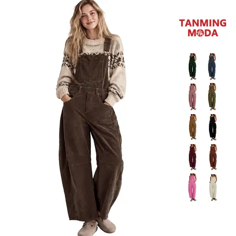 TanmingModa Women’s Corduroy Overalls Loose Wide Leg Bib Jumpsuits Stretchy Adjustable Strap Rompers with Pockets Casual Lounge Streetwear