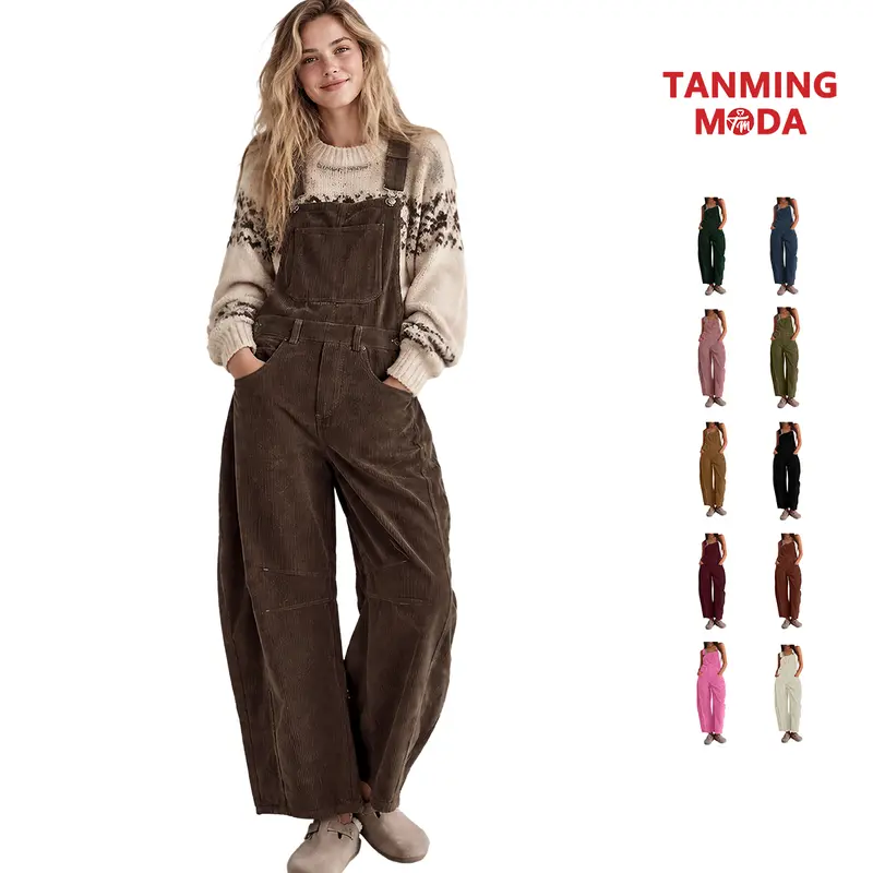 TanmingModa Women’s Corduroy Overalls Loose Wide Leg Bib Jumpsuits Stretchy Adjustable Strap Rompers with Pockets Casual Lounge Streetwear
