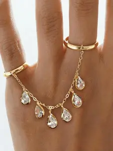 Fashion Copper Zircon Full Finger Ring with Fringe Chain, Women Wedding Party Jewelry, Perfect Gift for Wedding Season, Elegant Jewelry Gift