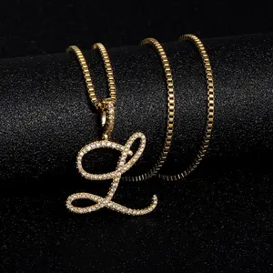 Elegant A-Z Cursive Letters Name Pendant &Necklace With Box Chain Iced Out Cubic Zircon Gold Silver Color Charm Hip Hop Jewelry