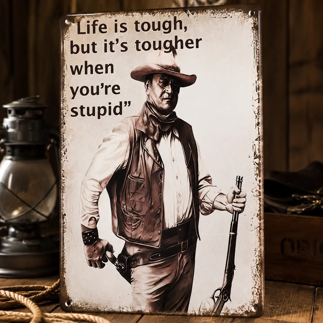 Aluminum Funny Cowboy Quote Decorative Plaque Sign - "Life Is Tough, But It's Tougher When You're Stupid", 8x12 in Vintage Western Metal Cool Decor, Weatherproof Indoor-Outdoor Men's Room Gift Idea