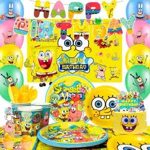 Sponge-Bob Birthday Party Decorations for 10 Guests 99pcs PJ Masks Party Tableware Set - Sponge-Bob Backdrop Balloon Banner Tablecloth Cake Toppers etc Party Supplies