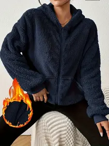 Women's Zipper Hooded Soft Fleece Pocket Coat, Elegant Fashionable Womenswear Outerwear, Stylish Casual Loose Jacket for All Seasons