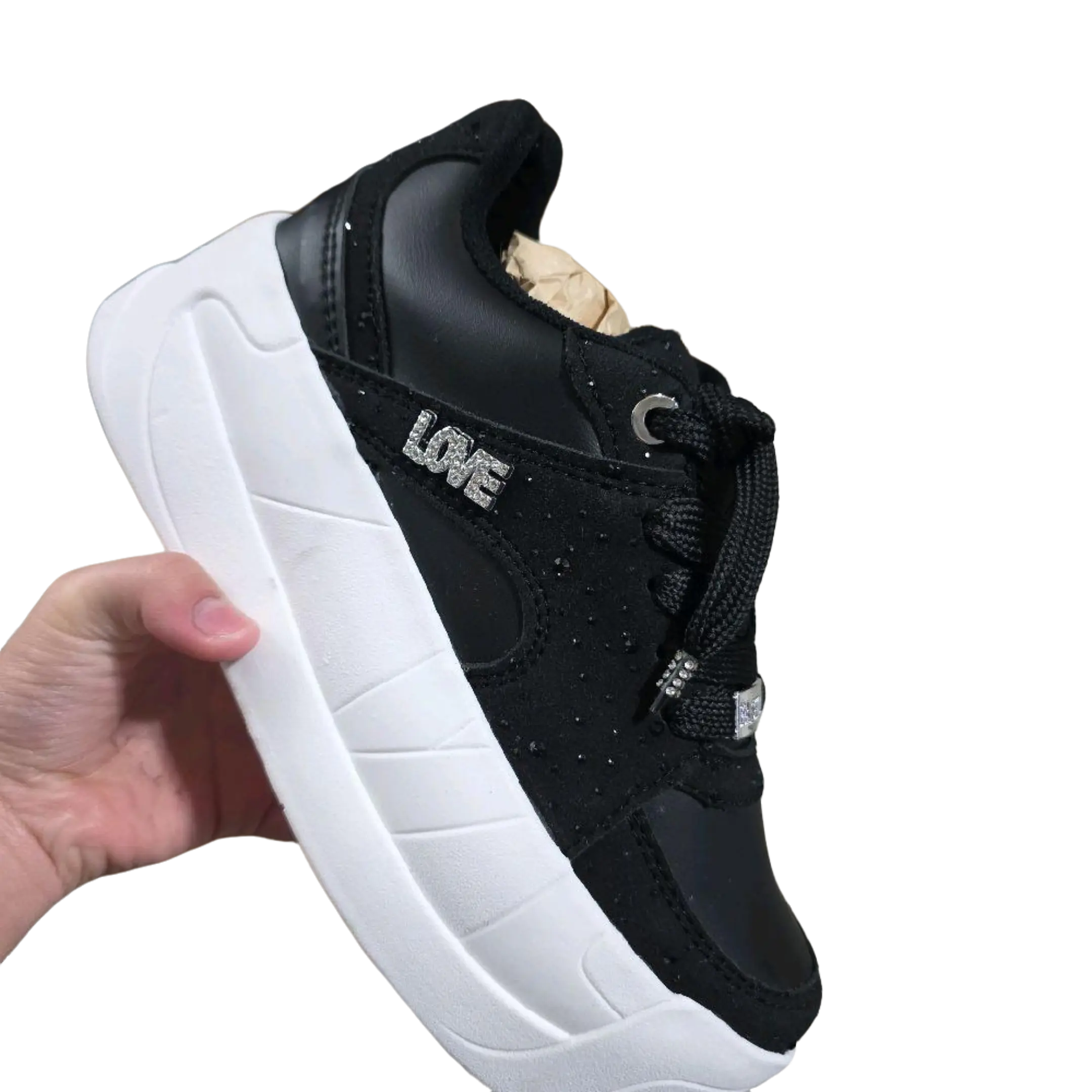 Black Platform Sneakers with Rhinestone Details and Comfortable White Sole for Everyday Wear