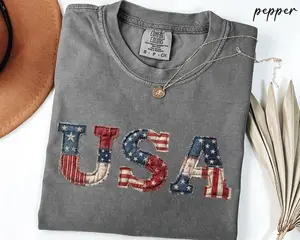 Comfort Colors Vintage Faux Patchwork USA Shirt Retro USA Tee Trendy 4th of July Gift