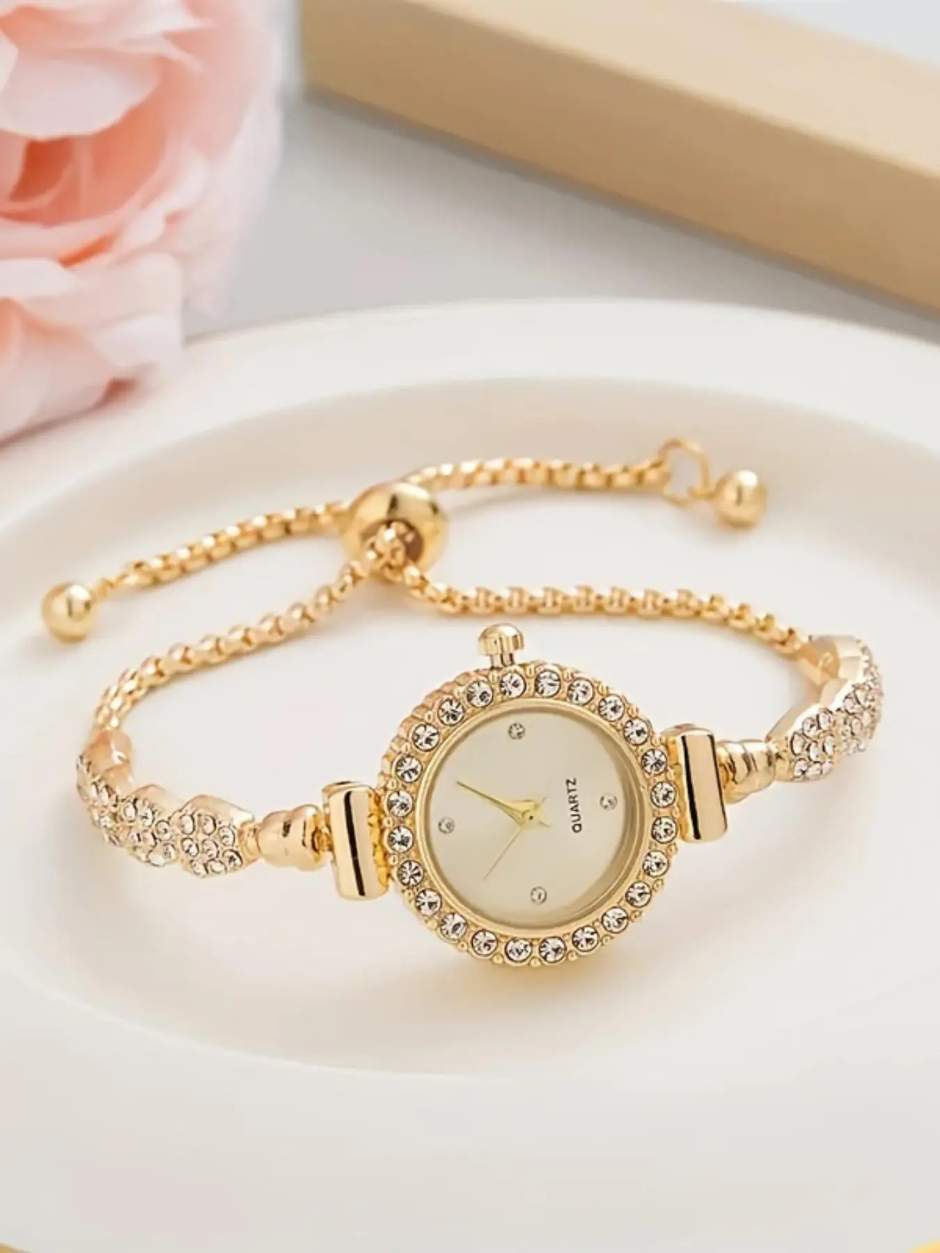 Women's Round Dial Quartz Watch, Wristwatch, Rhinestone Embellished Watch, All-match Watch for Birthday Gift without Box, Rhinestone Decorated Watch, Rhinestone Watches
