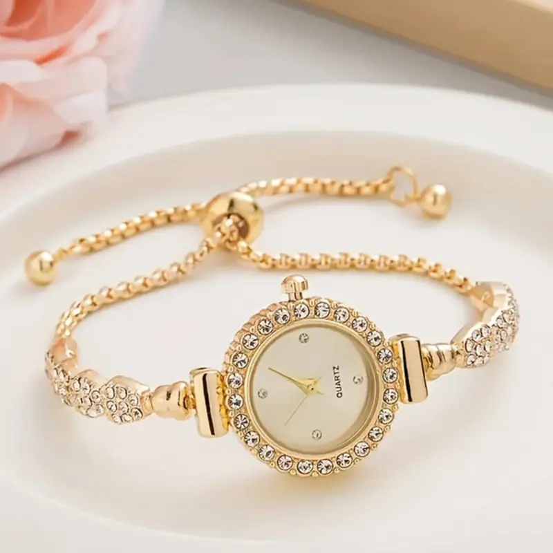 Women's Round Dial Quartz Watch, Wristwatch, Rhinestone Embellished Watch, All-match Watch for Birthday Gift without Box, Rhinestone Decorated Watch, Rhinestone Watches