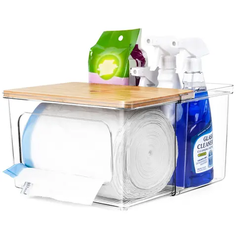 2-in-1 Design Durable Household Trash Bag Dispenser Holder with Bamboo Lid - Acrylic Organizer for Trash Bags, Laundry, Bathroom, Easy Access Storage; Fits Kitchen Pantry, Under Sink (11.42"l x 6.69"h x 7.48"w)