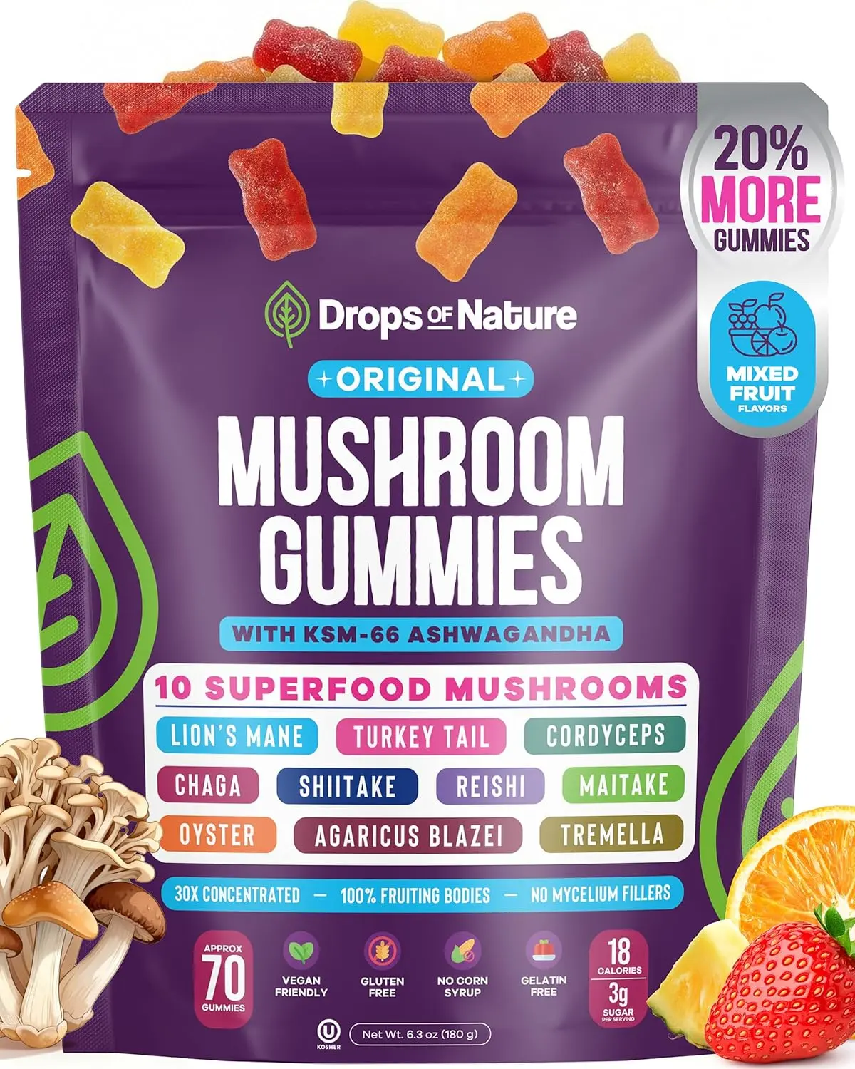 Drops Of Nature KSM‑66 Ashwagandha Mushroom Complex Gummies | 8‑in‑1 Adaptogenic Mushrooms Reishi Lion's Mane Cordyceps Chaga, Stress & Focus Support, Mixed Fruit Flavor, 80 Gummies 7 in 1 mushroom ashwagandha ksm66 gummies Supplement Vitamin