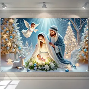 Birth of Jesus Scene Backdrop Cloth Wall Hanging Polyester Decor Festive Gathering Traditional Decoration Multipurpose Party Banner Photography Background Booth Prop Decorative Sign Without Electricity White Ornaments