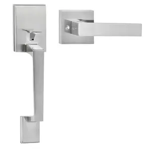 Front Door Handle Set With Lever, Square Entry Handle, No Lock, Adjustable Hole Space, Zinc Alloy Die-Casting, Reversible For Right Or Left Handed Doors, Suitable For Exterior Front Doors And Entryways, Satin Nickel Finish