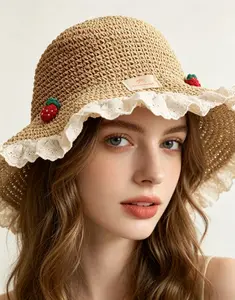 Women Sweet Aesthetic Strawberry Lace Ruffle Straw Hat Hand Knitted Breathable Woven Bucket Hat Large Sun Shade Brim Anti-UV Summer Accessory for Beach Pool Holiday Daily Wear Khaki Coffee Two Shades