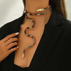 Trendy Punk Gold Snake Pendant Necklace Adjustable Snake Chain Black Orange Print Light Beige Versatile Daily Party Wear Bold Statement Accessory Perfect Gift for Women