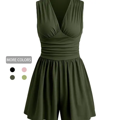 1 Piece Spring Summer V Neck Sleeveless Romper Women | Knit Ribbed Ruched Waist Wide Leg Short Jumpsuit | Casual Chic Style Stretchy Comfy Outfit for Daily Vacation Beach Wear