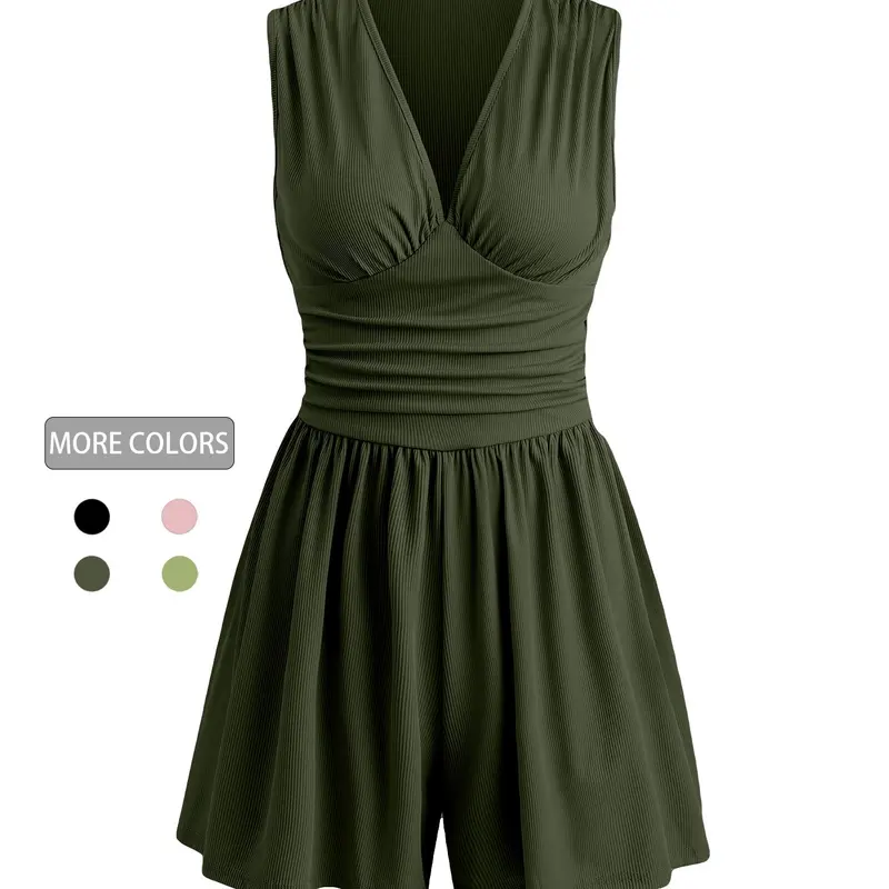 1 Piece Spring Summer V Neck Sleeveless Romper Women | Knit Ribbed Ruched Waist Wide Leg Short Jumpsuit | Casual Chic Style Stretchy Comfy Outfit for Daily Vacation Beach Wear