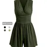 1 Piece Spring Summer V Neck Sleeveless Romper Women | Knit Ribbed Ruched Waist Wide Leg Short Jumpsuit | Casual Chic Style Stretchy Comfy Outfit for Daily Vacation Beach Wear