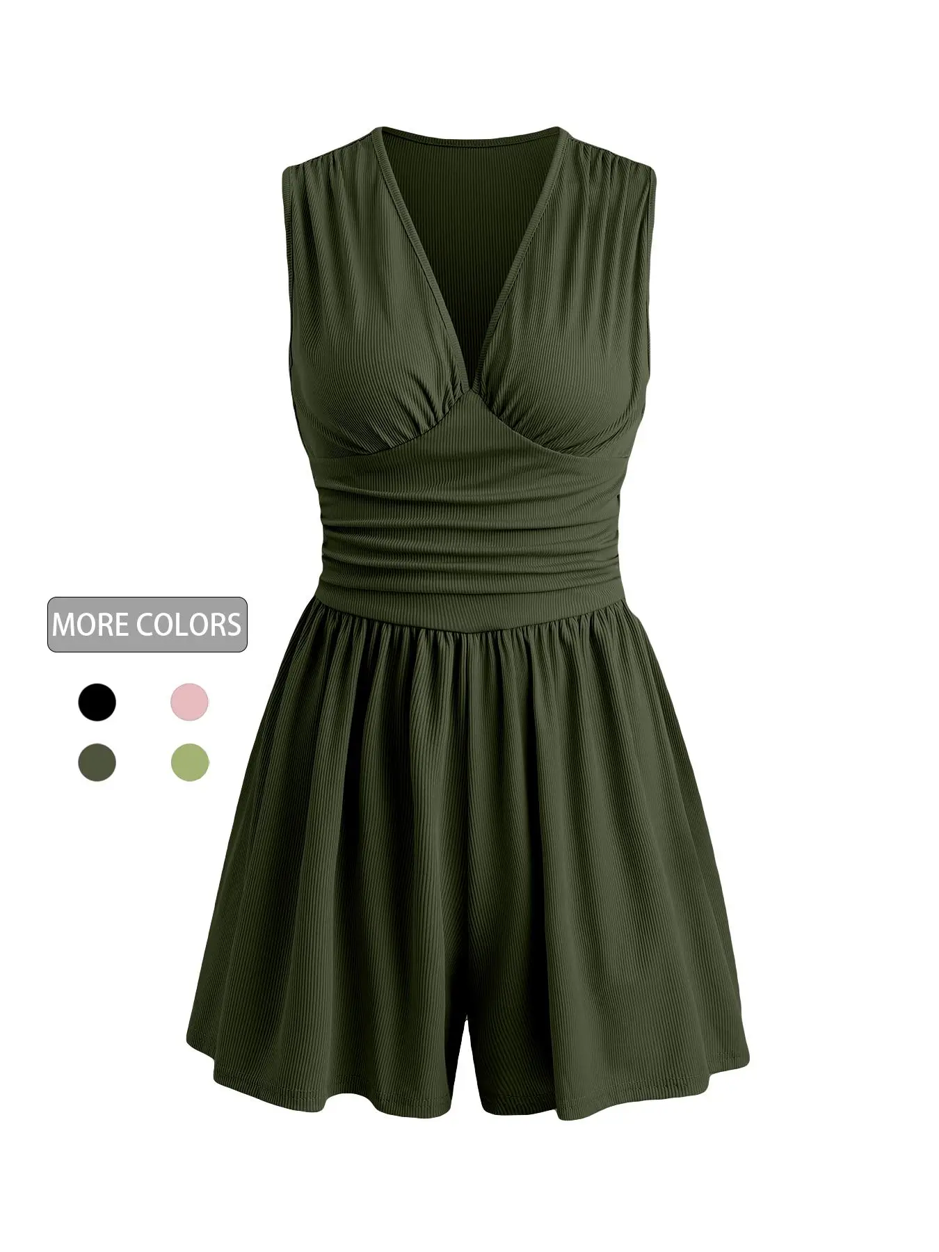Women's Plain Ruched Deep V Neck Tank Romper, Elegant Sleeveless Romper For Summer, Fashion Casual Ladies Clothes For Daily Wear