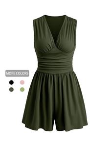 women's plain ruched deep v neck tank romper, elegant fitted sleeveless romper for summer, fashion casual ladies clothes for daily wear, womenswear