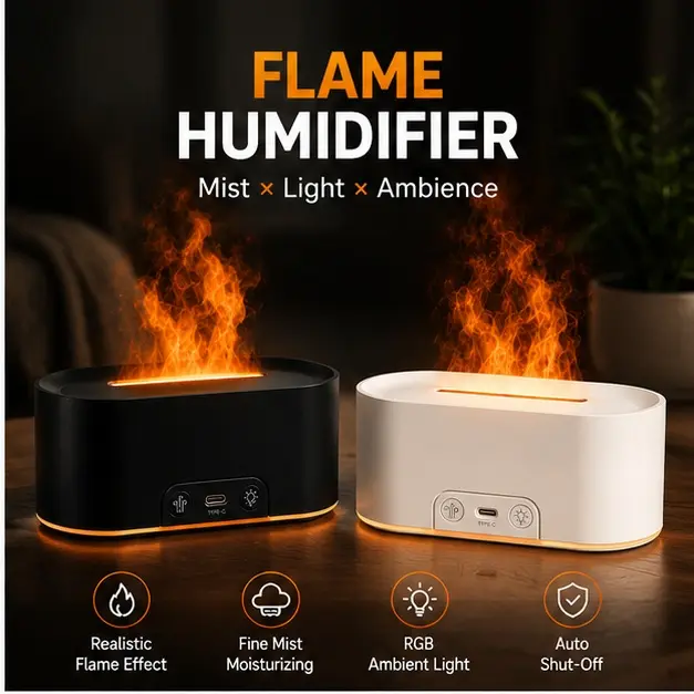 RGB Flame Mist Humidifier, Flame-Like Effect Desktop Humidifier with Ambient Light, Type-C Powered Compact Humidifier for Bedroom, Office & Home