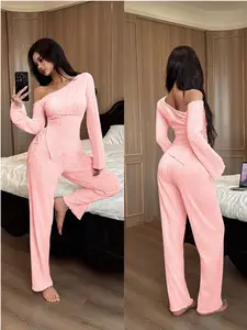 Women's Fleece Plaid Home Set, Casual Plain Long Sleeve Top & Loose Pants Two-Piece Pajama Set, Soft Comfortable Fashion Loungewear
