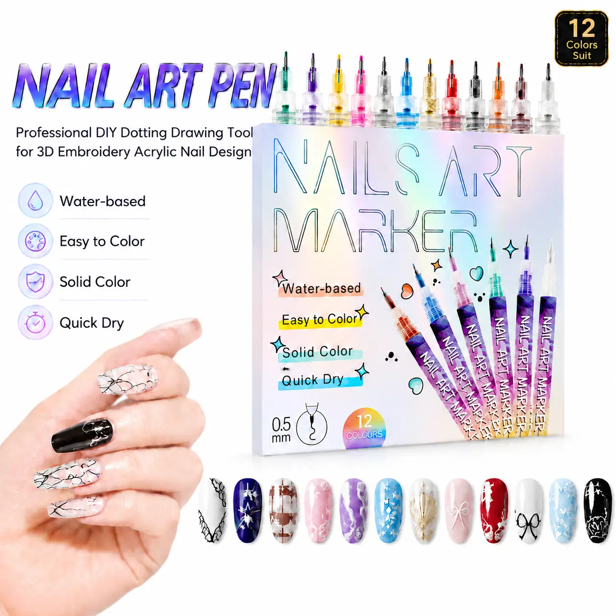 Back to school shopping-12-Color Acrylic Nail Art Marker Multi-Pack, Quick-Drying, DIY-Friendly Nail Care Product, Vibrant 12Colors Suit for Home/Salon Manicure, Cuticle Care, Cosmetic Polish, Nail Kit Acrylic Set